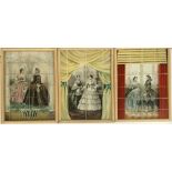 Three 19th century colour fashion prints, glazed with handpainted theatrical decoration, each