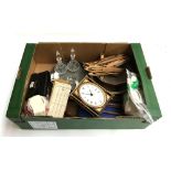 A mixed lot to include Bentimer clock, pair of small glass decanters, bridge sets, bobbins, Indian