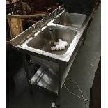 An industrial stainless steel double sink catering unit, with undershelf, 180x65x90cmH
