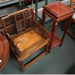 A Chinese hardwood armchair, 53cmW; together with a Chinese hardwood pot stand, 30x30x81.5cmH