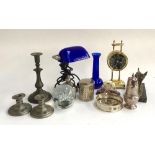 A mixed lot of interesting things to include a blue glass banker's lamp; spill vase; pewter