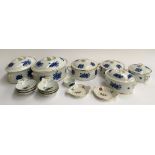 A set of French Lourioux blue and white lidded tureens and ramakin; together with a set of six