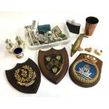 A mixed lot of items to include Ark Royal and other plaques, military buttons; heavy brass