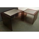 A nest of two contemporary stainless steel and acrylic occasional tables, the larger 49x40x48cmH