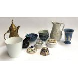 Six blue and white tea bowls; together with two lidded trinket dishes; ceramic inkwell with floral