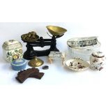 A mixed lot to include a set of kitchen scales with weights, cut glass fruit bowl, various trinket