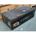 A metal travel trunk, with loop carry handles, marked C.G Windle, 91x49x30cmH
