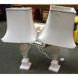 A pair of white marble table lamps, height to top of shade approx. 75cm