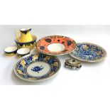 Two Majollica chargers and trinket box; together with a hand painted continental fruit bowl; small
