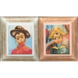 A pair of oil on canvas paintings depicting a boy in soldier's uniform, each 26x20cm