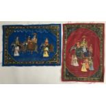 Two Indian paintings on silk depicting processions with elephants, each 27x39cm