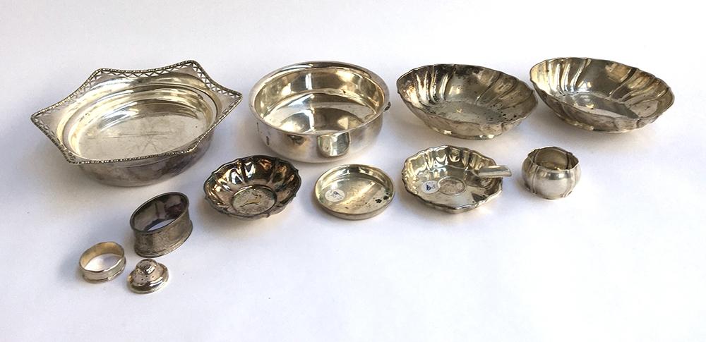 Several plated dishes and ashtrays, together with a Continental silver napkin ring