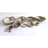 Several plated dishes and ashtrays, together with a Continental silver napkin ring