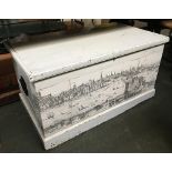A white painted pine blanket box, papered with a view of the Thames, 90x50x48cmH