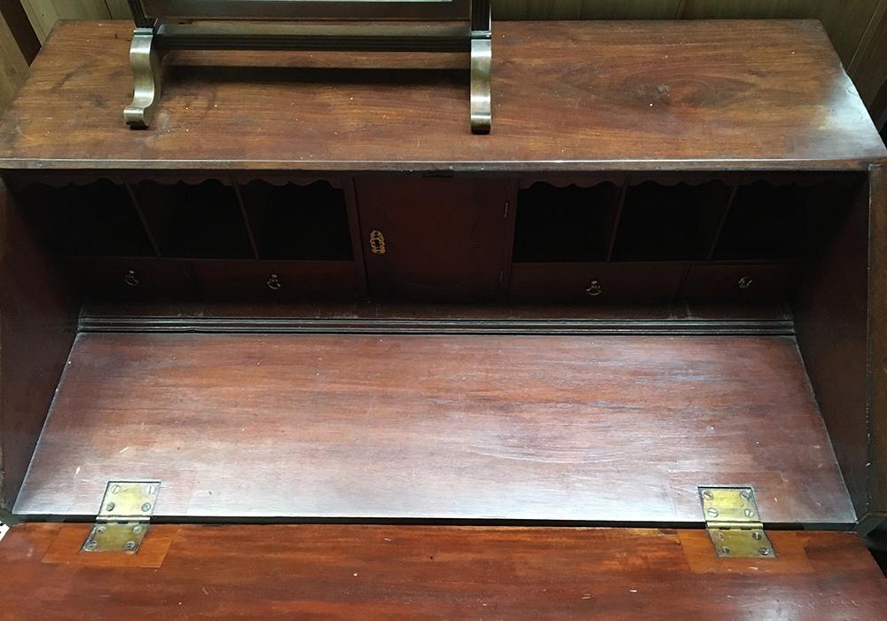 A mid-18th century mahogany and marquetry bureau, fall front above four graduating drawers, on - Image 2 of 2