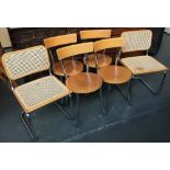 A set of four modern circular wood and chrome kitchen chairs, together with two others with caned