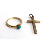 Pretty 9ct gold ring set with a small turquoise, size J, 1.6g together with a 9ct crucifix, 1.7g