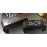 Two carved Chinese tables, one depicting dragons, the other ships, approx. 71cmW and 91cmW