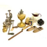 A mixed lot to include brass items, meat grinder, palette knife, stein, Davenport jug, mould, vase