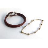 Leather and silver bracelet plus further silver bracelet set with small white stones