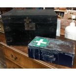 A vintage black pine box, 46x32x30cm, together with an enamel first aid tin, 32cmW