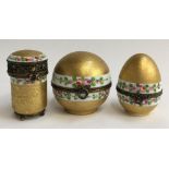 Three large Limoges peint main trinket boxes, one cylindrical with pierced metal work, one in the