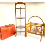 A mid century style bamboo magazine rack 54cmH; together with an oak folding cake stand and a