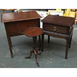 An oak sewing box with contents, 56x38x62cmH; a modern bedside table 45x32x58cmH, and small wine