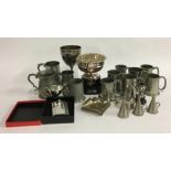 A mixed lot comprising mainly pewter tankards, pineapple and mouse snuffers, hip flask, ash trays,