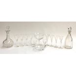 A mixed lot of cut glassware to include two decanters; sherry glasses; stemmed bonbon dish; Webb