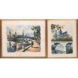 Two 20th century watercolours of Paris, depicting the Eiffel Tower and Notre Dame, 30x37cm and 31.