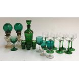 A mixed lot of glass, to include silvered decanter and six shot glasses; pair of green glass oil