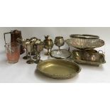 A mixed lot of plated wares, goblets, copper art nouveau jug, candlestick etc