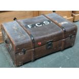 A canvas and woodbanded travel trunk, the top monogrammed F.C.S, 76cmW