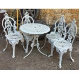 Four painted alloy garden chairs and table, 68cmD; together with a 'Marquee' 2.1m boxed parasol,