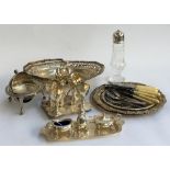 A mixed lot of silver plated items to include Garrard three piece cruet set with blue glass