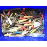 A large mixed box of hand tools, screwdrivers, clamps, chisels, etc