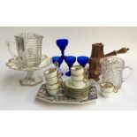 A Vista Alegre coffee set (af); blue glasses; cut glass jug, cake stand, paperweights etc