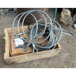 A wooden apple crate containing several lengths of steel cable; and an 800kg T508 electric winch sys