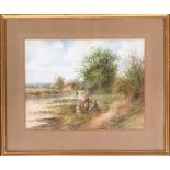V Merritt, late 19th century watercolour, pastoral scene of children picnicking by a river,