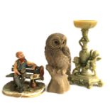 A Poole pottery owl, 33cmH, signed to base 'B. Linley Adams', Capodimonte man on bench and resin