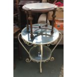 A white painted wrought iron occasional table, 53cmD; together with a small stool