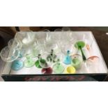 A mixed lot of glassware to include finger bowls, engraved sherry glasses, various coloured wine