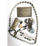 Various items to include a silver ring, a marcasite ring, white metal chains, two necklaces made
