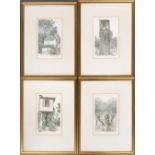 A set of four etchings of water pump, water tower, outhouse etc, signed indistinctly, each