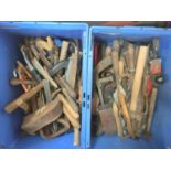 Two large boxes of hand tools, to include chisels, files, planes, with one other box of tools etc