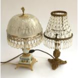 A table lamp with cut glass shade with glass drops; together with one other with cascading drop