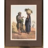 Emile Prisse D'Avennes (1807-1879), coloured lithograph, Fellahs, a man and woman, 38cm x 27cm