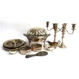 A quantity of plated wares to include a pair of three arm candlesticks, pair of wine coasters,