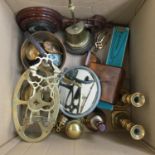 A mixed lot of brass items to include trivet, candlesticks, bell, tankard, doorstop etc, art deco